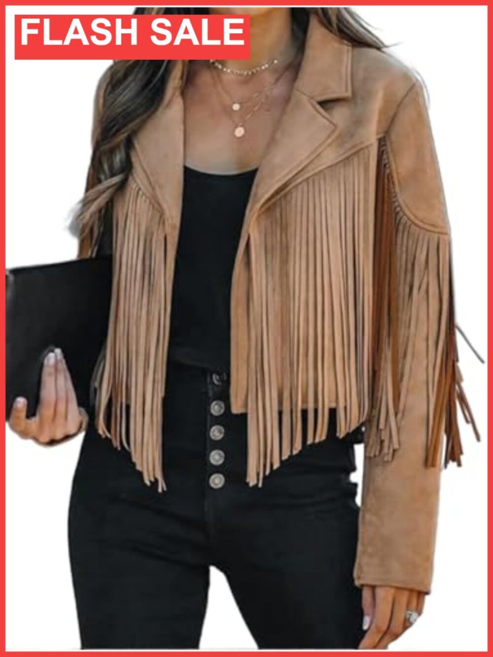 Faux Suede Fringe Cropped Jacket Western Tassel Motorcycle Crop Coat